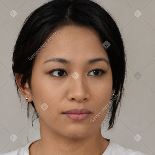 Neutral asian young-adult female with medium  black hair and brown eyes