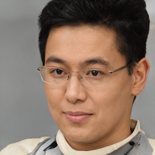 Joyful asian adult male with short  brown hair and brown eyes