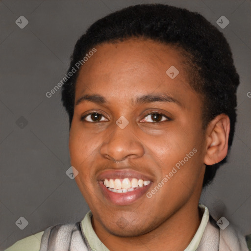 Joyful latino young-adult female with short  black hair and brown eyes