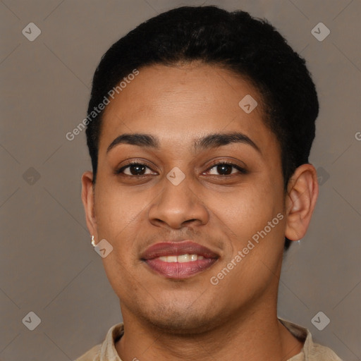 Joyful latino young-adult female with short  brown hair and brown eyes
