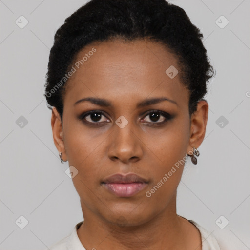 Neutral black young-adult female with short  black hair and brown eyes