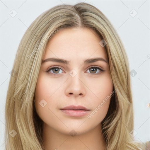 Neutral white young-adult female with long  brown hair and brown eyes