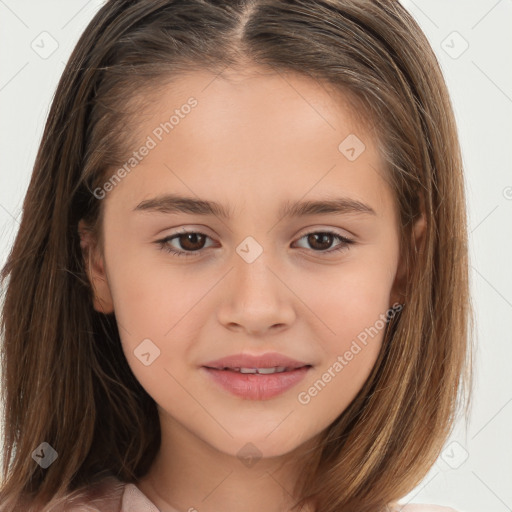 Joyful white child female with long  brown hair and brown eyes