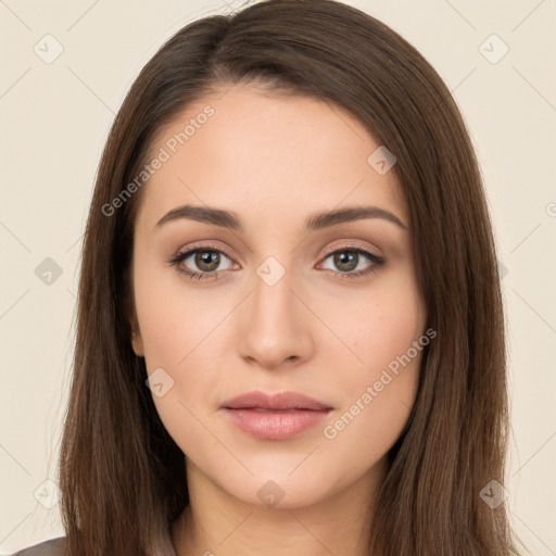 Neutral white young-adult female with long  brown hair and brown eyes