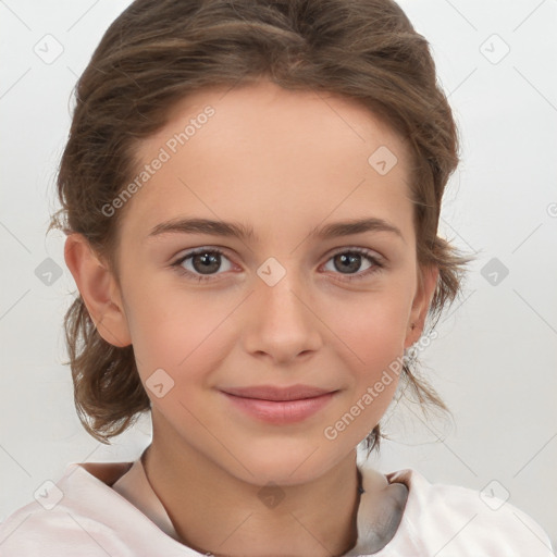 Joyful white child female with medium  brown hair and brown eyes