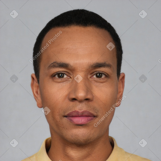 Neutral latino young-adult male with short  black hair and brown eyes