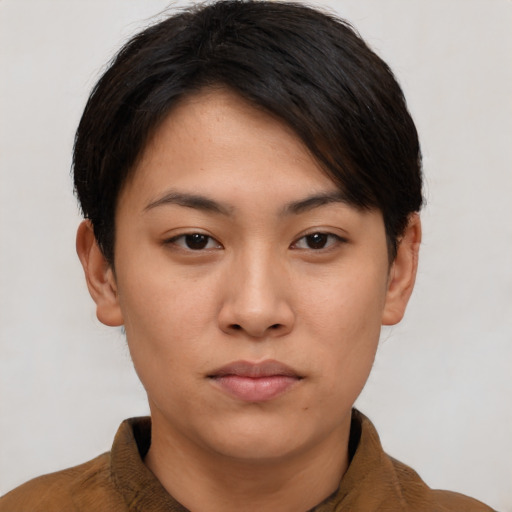 Neutral asian young-adult female with short  brown hair and brown eyes
