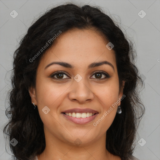 Joyful latino young-adult female with long  brown hair and brown eyes