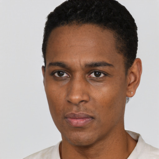 Neutral black young-adult male with short  black hair and brown eyes