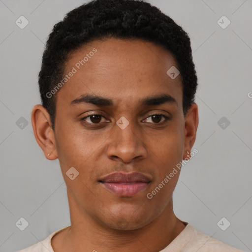 Joyful black young-adult male with short  black hair and brown eyes