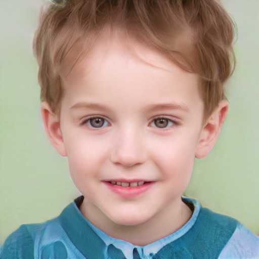 Joyful white child male with short  brown hair and grey eyes