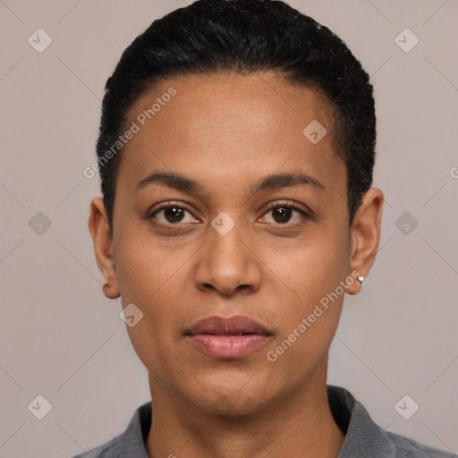 Joyful latino young-adult female with short  black hair and brown eyes