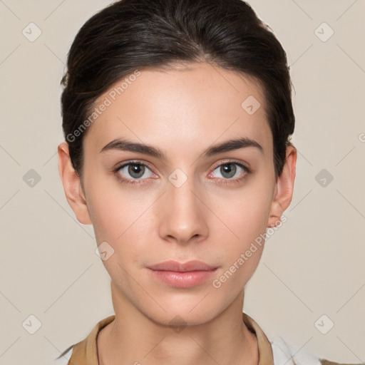 Neutral white young-adult female with short  brown hair and brown eyes