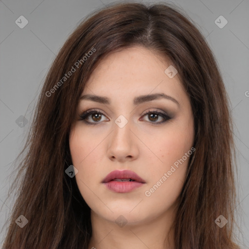 Neutral white young-adult female with long  brown hair and brown eyes