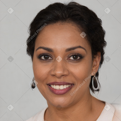 Joyful latino young-adult female with short  brown hair and brown eyes