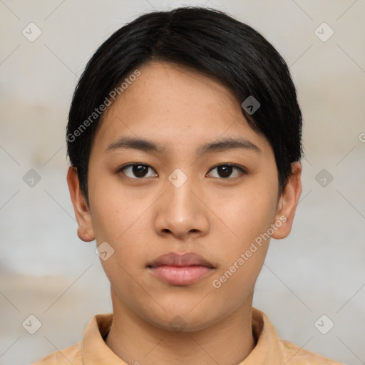 Neutral asian young-adult male with short  black hair and brown eyes