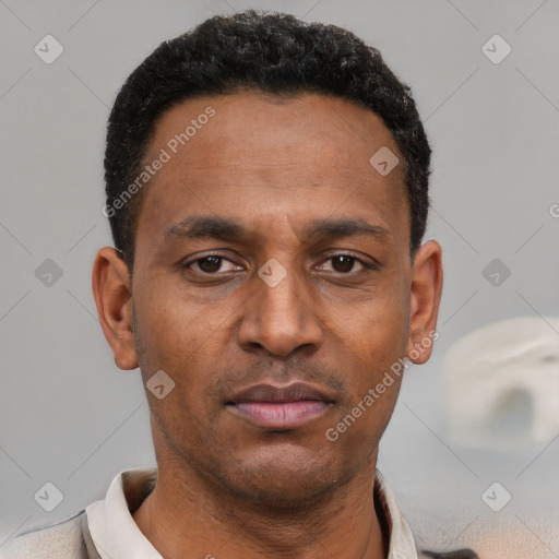 Neutral latino adult male with short  black hair and brown eyes