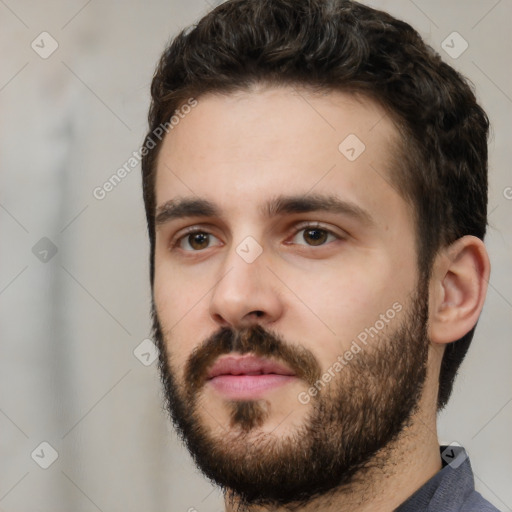 Neutral white young-adult male with short  black hair and brown eyes