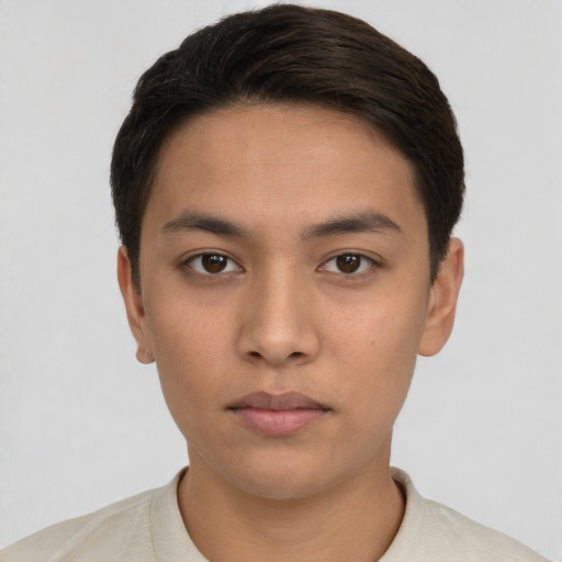 Neutral asian young-adult male with short  black hair and brown eyes
