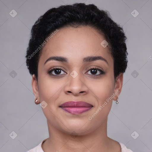 Joyful latino young-adult female with short  black hair and brown eyes