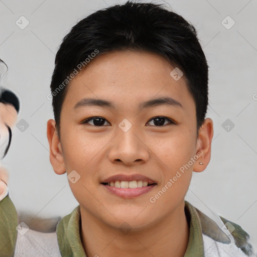 Joyful asian young-adult female with short  brown hair and brown eyes