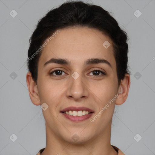 Joyful white young-adult female with short  brown hair and brown eyes