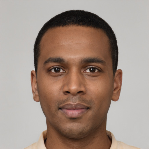 Neutral black young-adult male with short  black hair and brown eyes