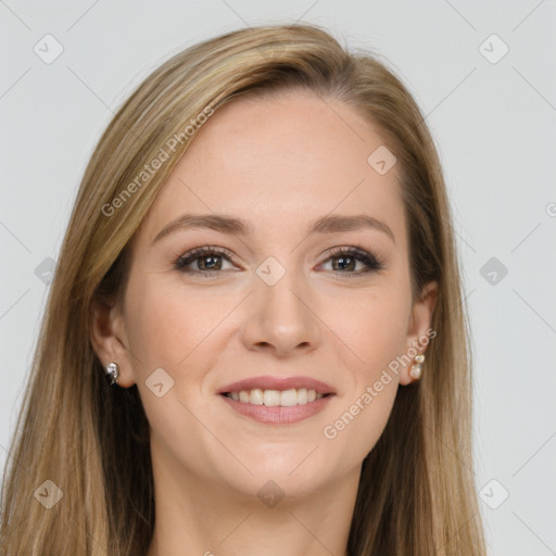 Joyful white young-adult female with long  brown hair and grey eyes