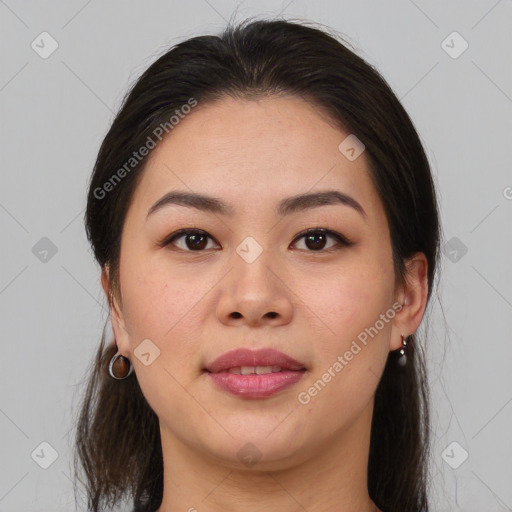 Joyful white young-adult female with medium  brown hair and brown eyes