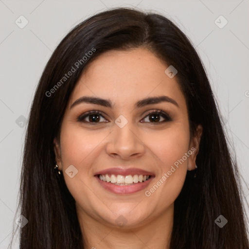 Joyful white young-adult female with long  brown hair and brown eyes