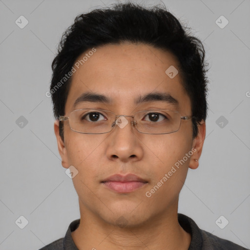 Neutral asian young-adult male with short  black hair and brown eyes