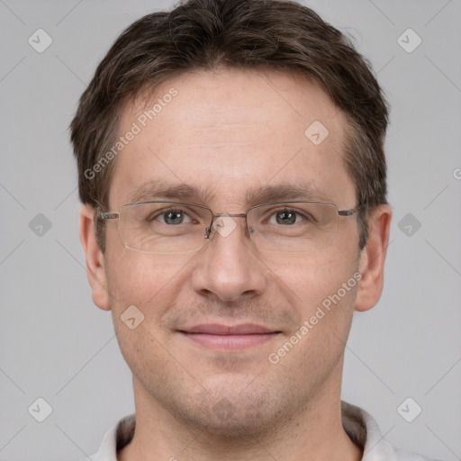 Joyful white adult male with short  brown hair and grey eyes