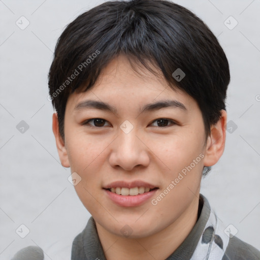 Joyful asian young-adult female with short  brown hair and brown eyes