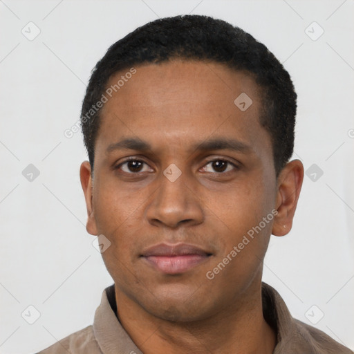 Neutral latino young-adult male with short  black hair and brown eyes