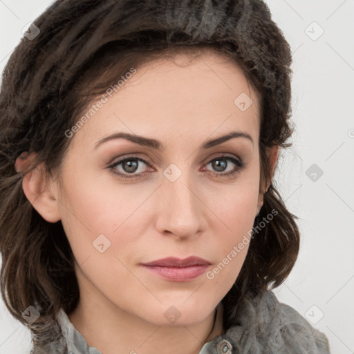 Neutral white young-adult female with medium  brown hair and grey eyes