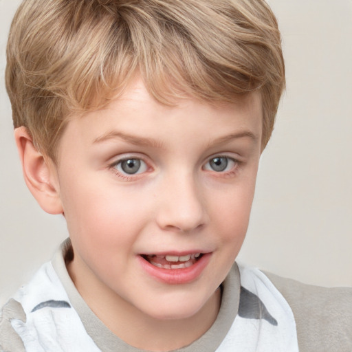 Joyful white child female with short  brown hair and blue eyes