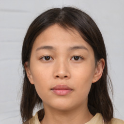 Neutral asian young-adult female with medium  brown hair and brown eyes