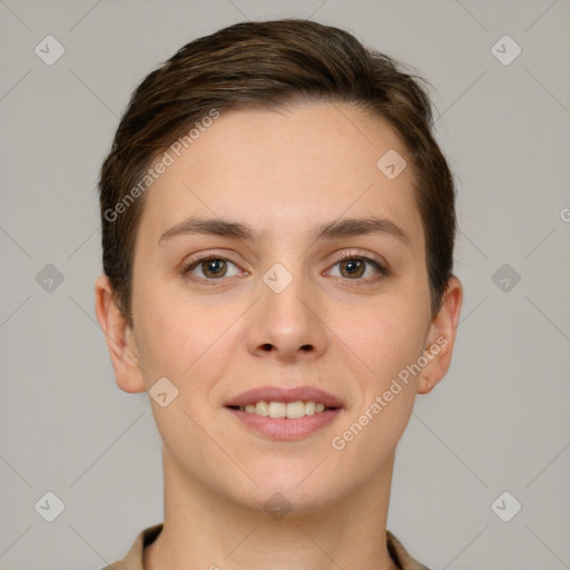 Joyful white young-adult female with short  brown hair and brown eyes