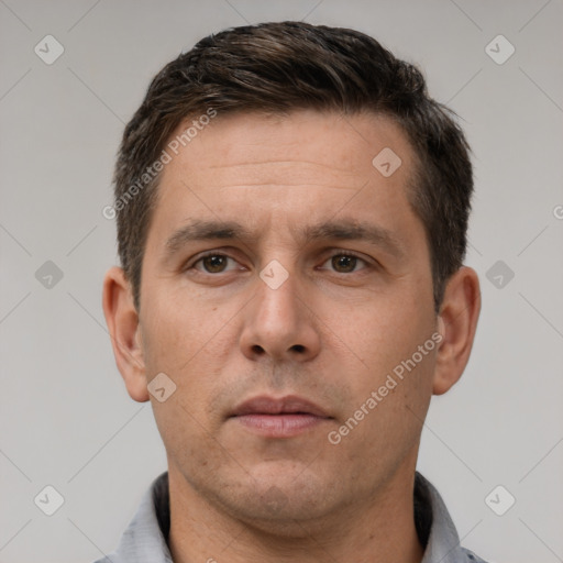 Neutral white adult male with short  brown hair and brown eyes