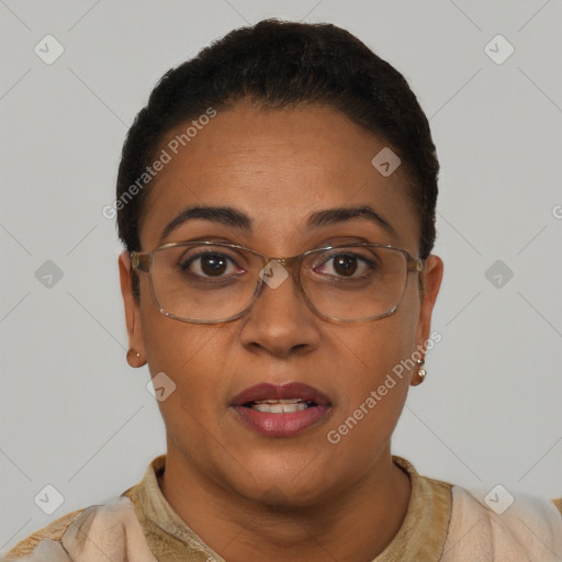 Joyful latino adult female with short  brown hair and brown eyes