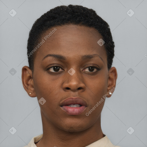 Neutral black young-adult female with short  brown hair and brown eyes