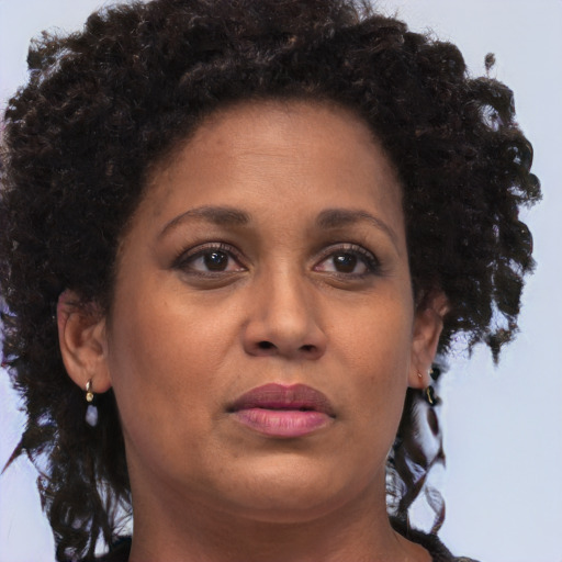 Joyful black adult female with short  brown hair and brown eyes