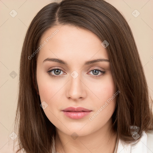 Neutral white young-adult female with long  brown hair and brown eyes