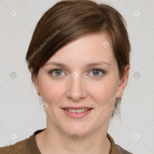 Joyful white young-adult female with medium  brown hair and grey eyes