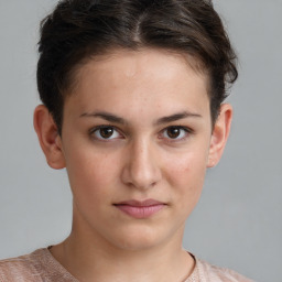 Neutral white young-adult female with short  brown hair and brown eyes