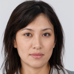 Neutral asian young-adult female with medium  brown hair and brown eyes