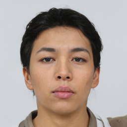 Neutral asian young-adult female with short  brown hair and brown eyes