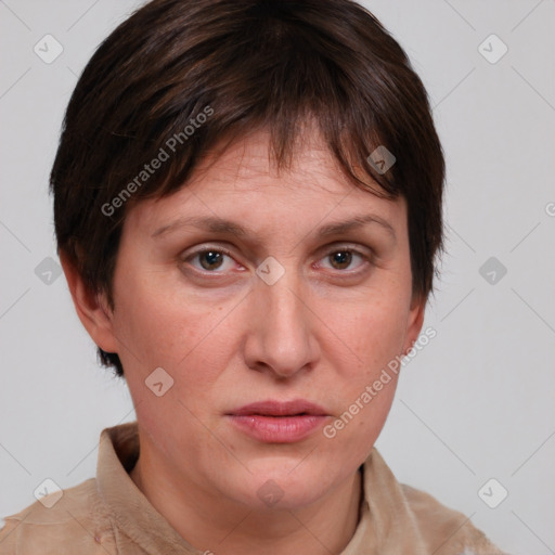 Neutral white young-adult female with medium  brown hair and brown eyes