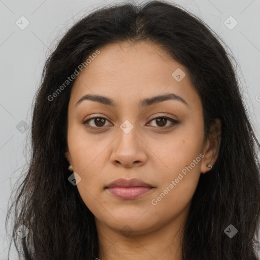 Joyful latino young-adult female with long  brown hair and brown eyes