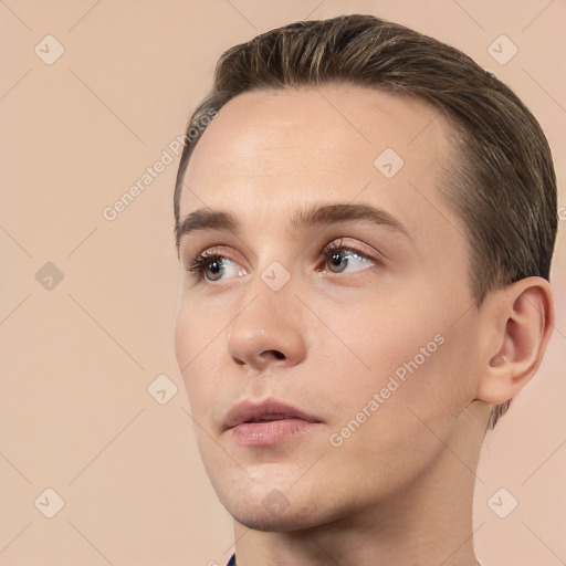 Neutral white young-adult male with short  brown hair and brown eyes